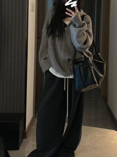 Damen Gemütlicher Strickhoodie mit großzügiger Kapuze und Reißverschluss R&B