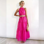 Damen Maxikleid mit raffiniertem Hochkragen und gestuftem Design R&B