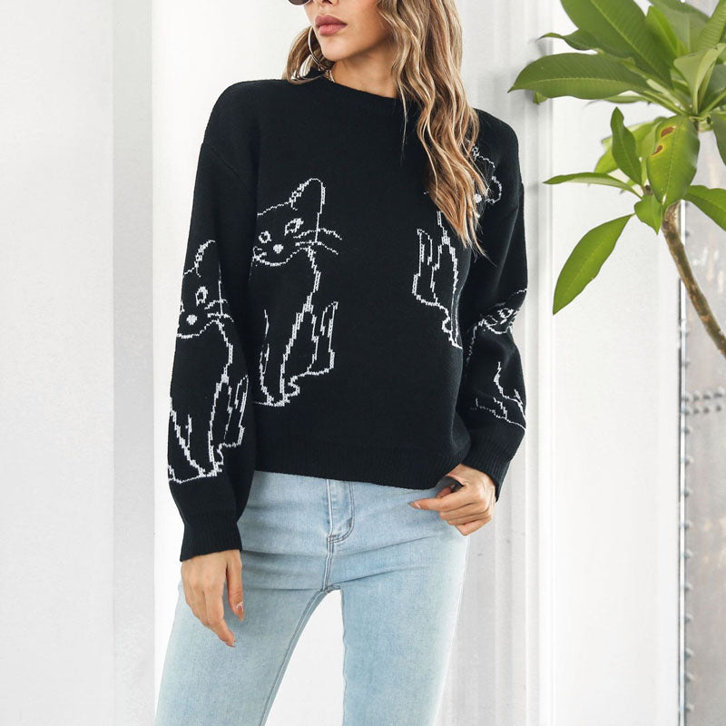 R&B | Verspielter Strickpullover Mit Katzenmuster