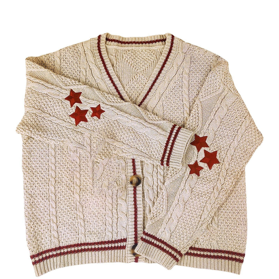 Damen Grobstrickjacke mit eleganten Sternenapplikationen und kontrastierenden Details R&B