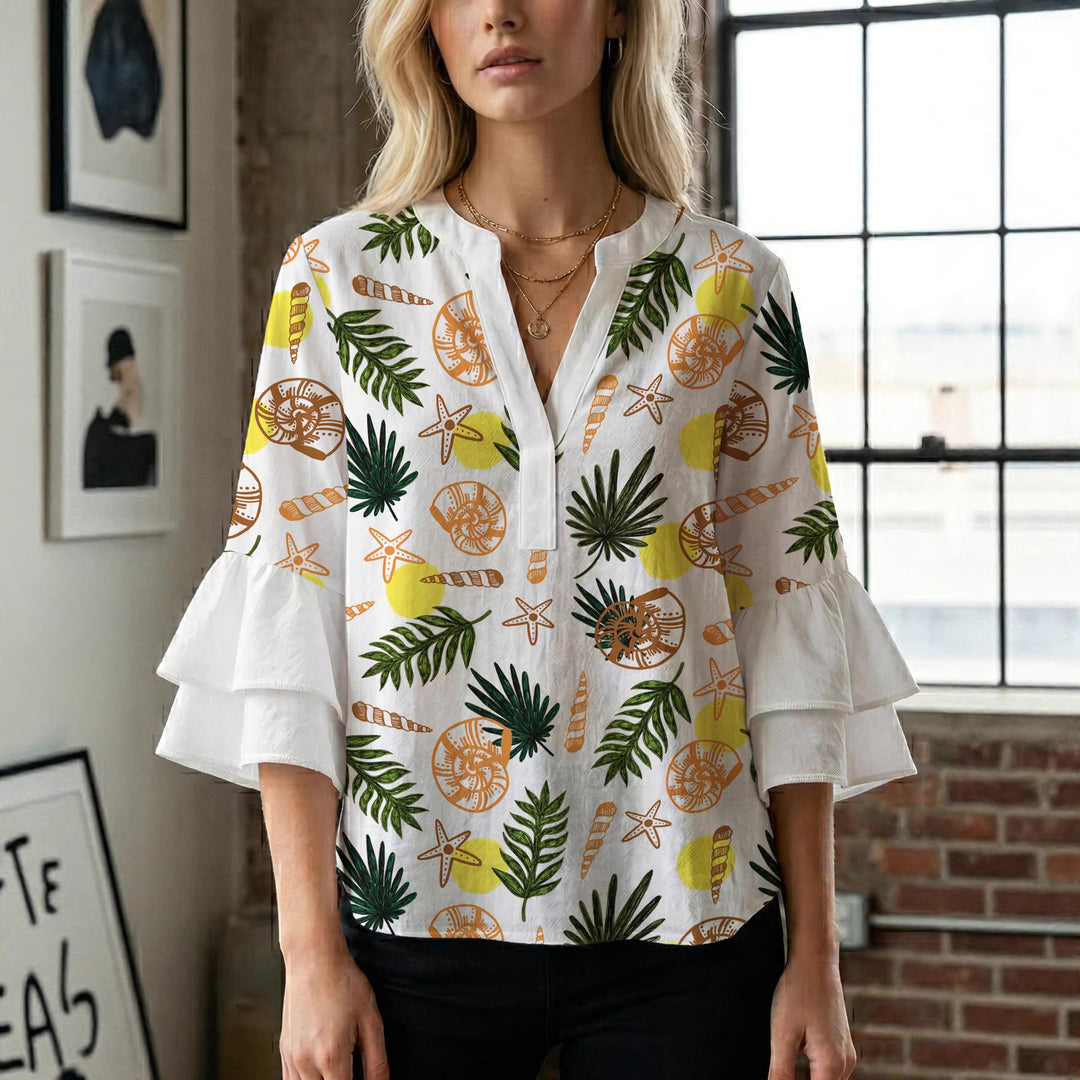 Damen Bluse mit voluminösen Rüschenärmeln und modernem Motiv R&B