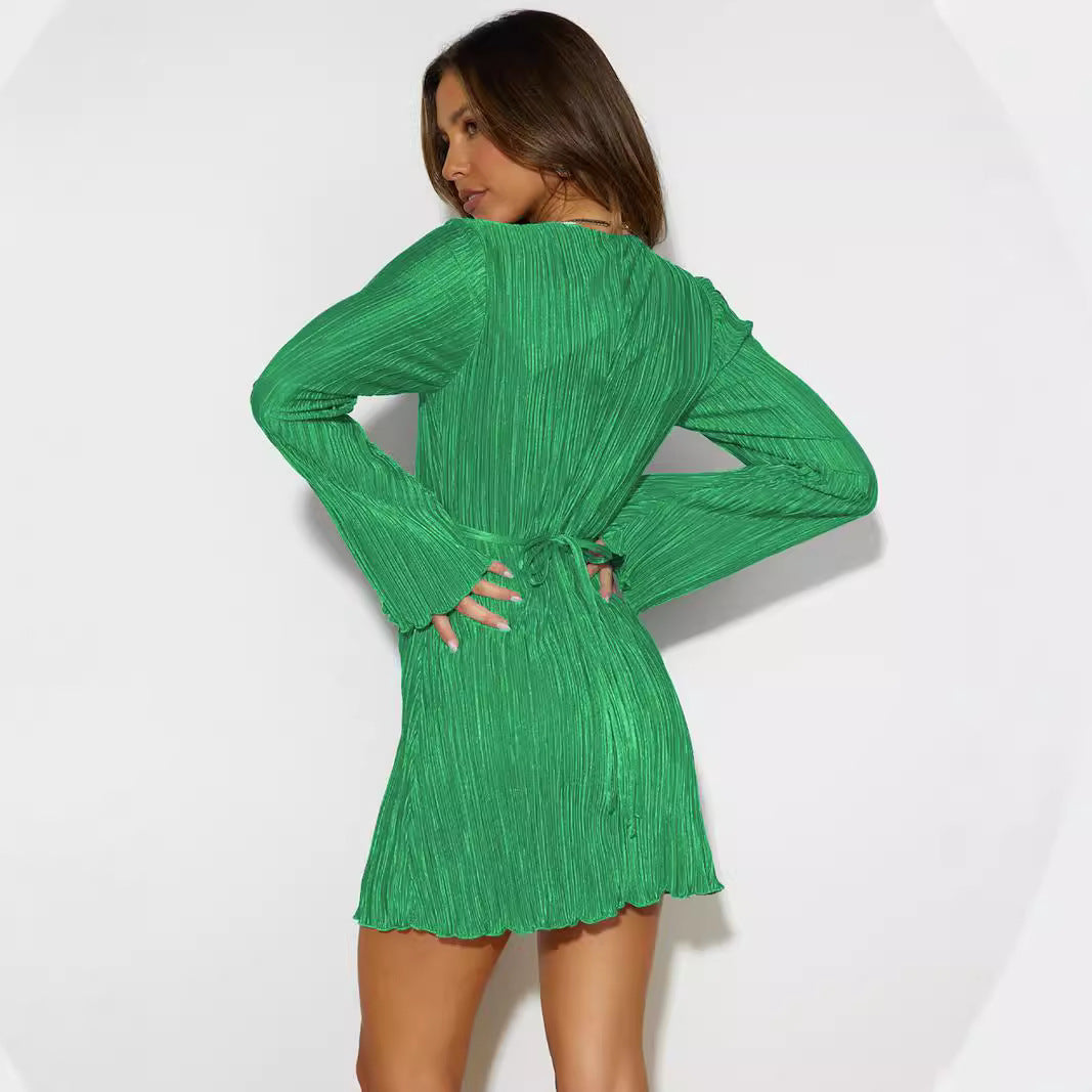 Damen Mini-Wickelkleid mit plissiertem Design und tiefem V-Ausschnitt R&B