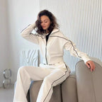 Damen nan zweiteiliges Sport-Loungewear-Set mit Stehkragen und Kontrastpaspel R&B