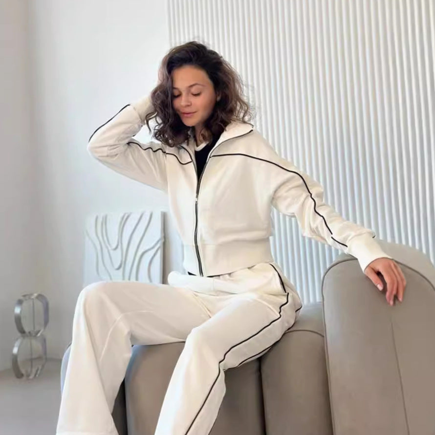Damen nan zweiteiliges Sport-Loungewear-Set mit Stehkragen und Kontrastpaspel R&B