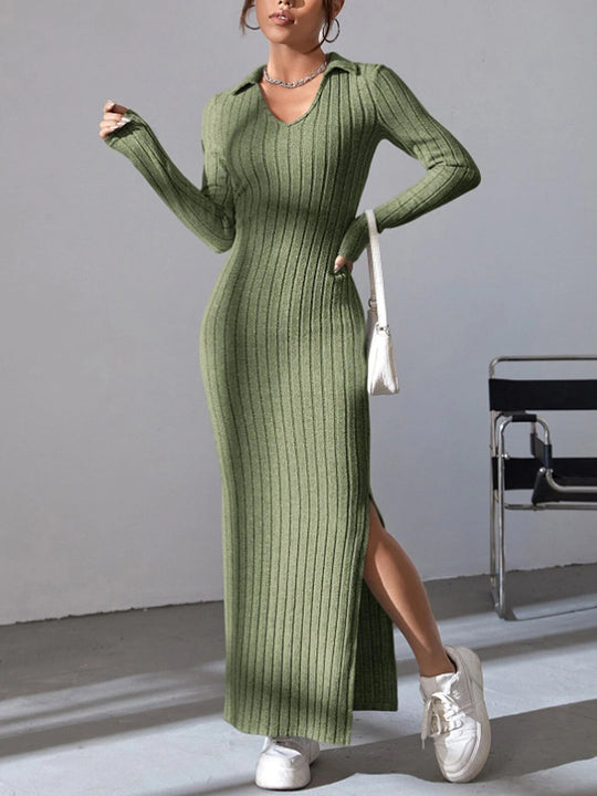 Damen Langarm Maxikleid mit V-Ausschnitt und seitlichem Schlitz R&B