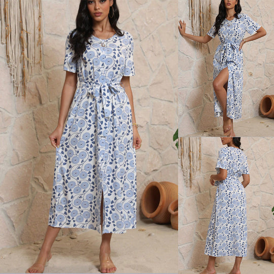 Damen Langarmmaxikleid mit floralem Design und elegantem Bindegürtel R&B