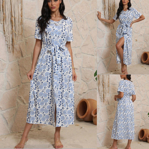 Damen Langarmmaxikleid mit floralem Design und elegantem Bindegürtel R&B