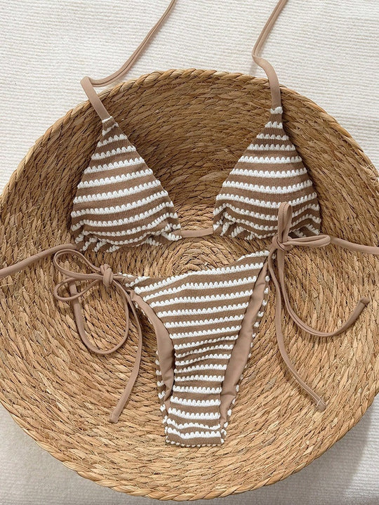 Damen Triangel-Bikini mit verstellbaren Bindebändern und trendigem Streifenmuster R&B