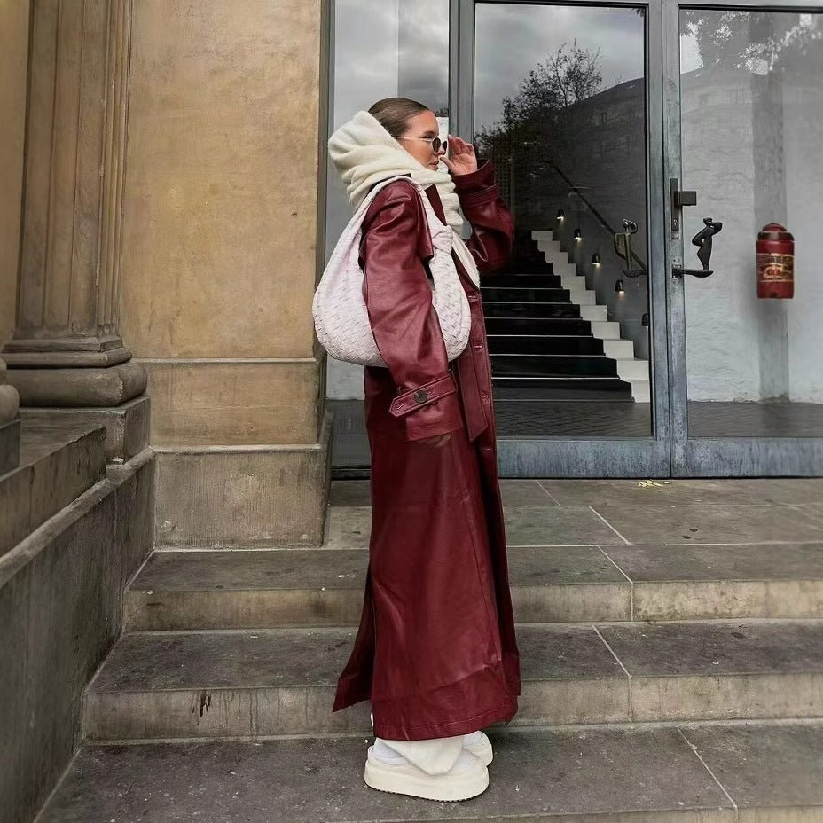 Damen modischer Kunstleder-Mantel mit elegantem Schnitt R&B