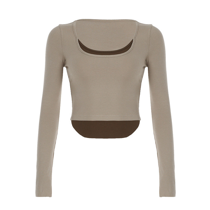 Damen Langarm Crop-Top mit doppeltem U-Boot-Ausschnitt und raffiniertem Design R&B