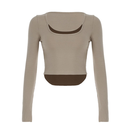Damen Langarm Crop-Top mit doppeltem U-Boot-Ausschnitt und raffiniertem Design R&B