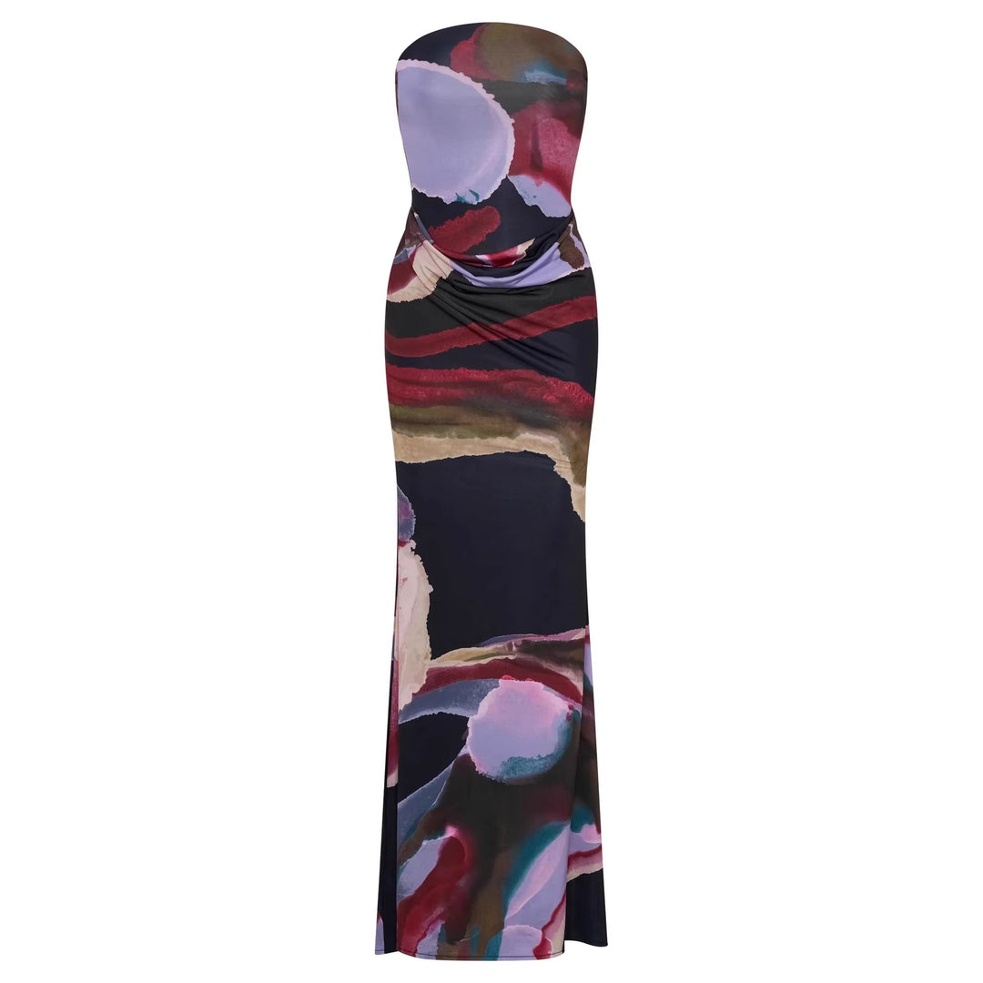 Damen Strapless Maxikleid mit fließendem Stoff und kunstvollem Druck R&B