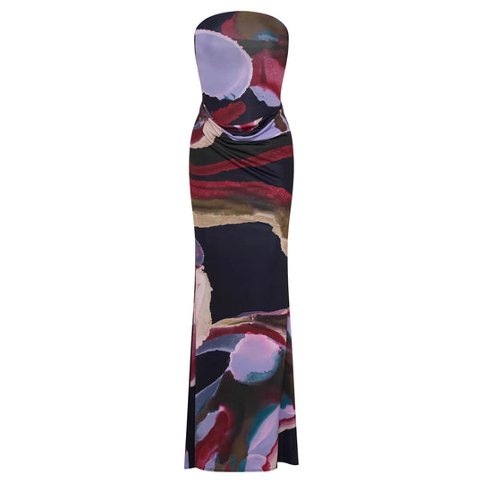 Damen Strapless Maxikleid mit fließendem Stoff und kunstvollem Druck R&B