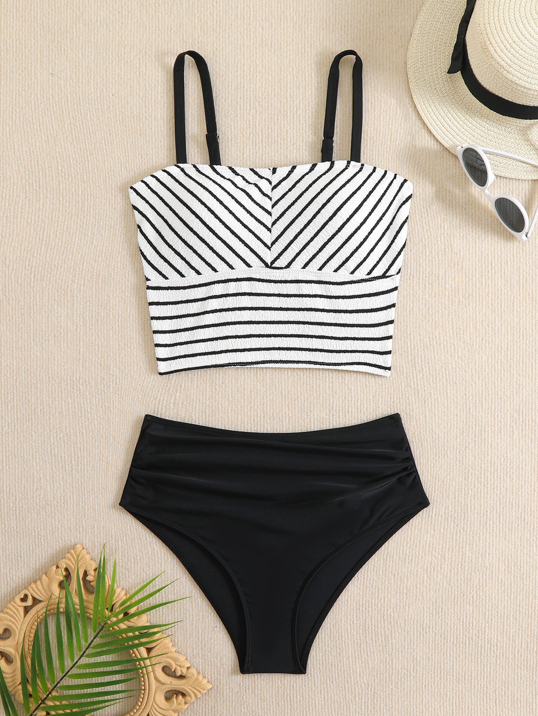 Damen Bikini-Set mit gestreiftem Oberteil und hoch taillierter Hose R&B