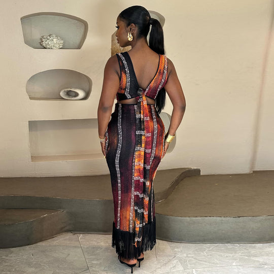 Damen Zweiteiliges Festliches Outfit mit Fransendetails R&B