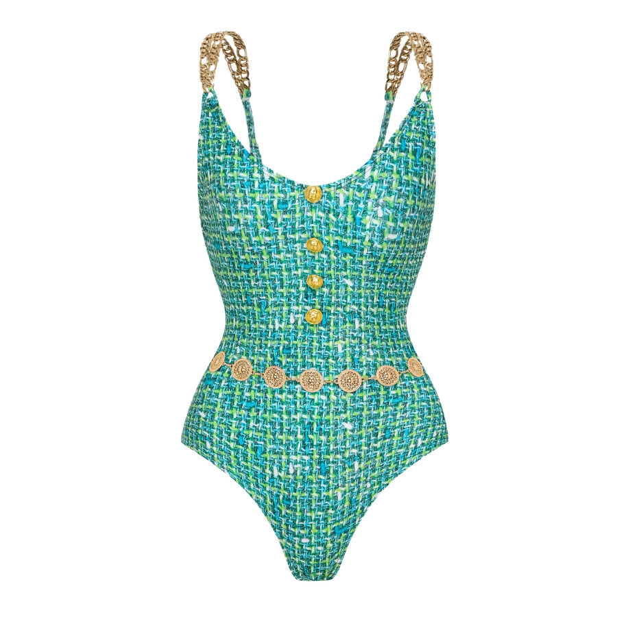 Damen Einteiler Badeanzug mit eleganter Knopf- und Gürtelapplikation R&B