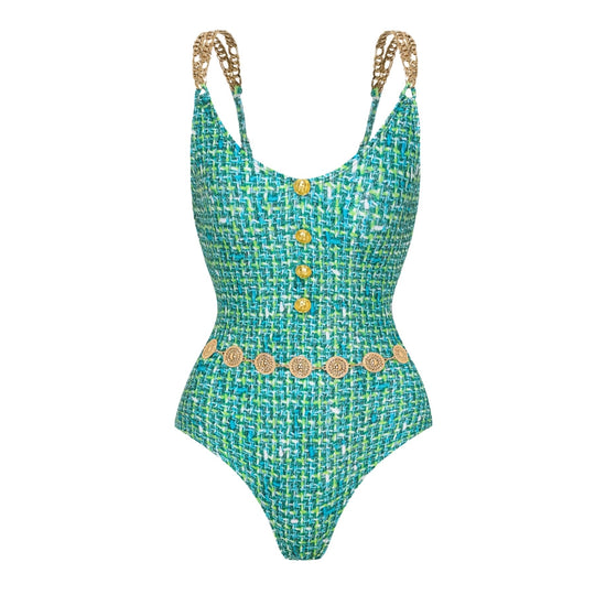 Damen Einteiler Badeanzug mit eleganter Knopf- und Gürtelapplikation R&B