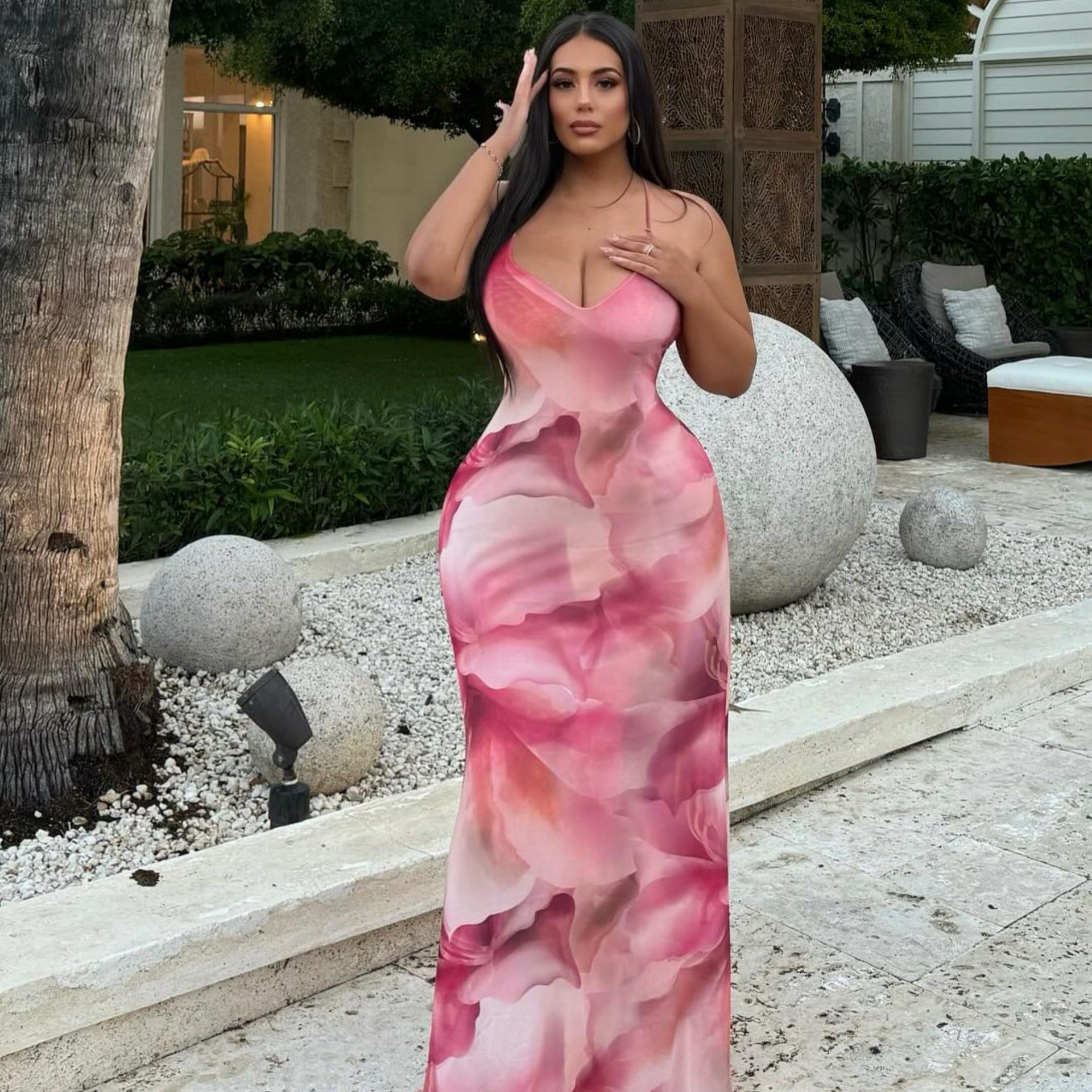 Damen langes Kleid mit floralem Design und Spaghettiträgern R&B