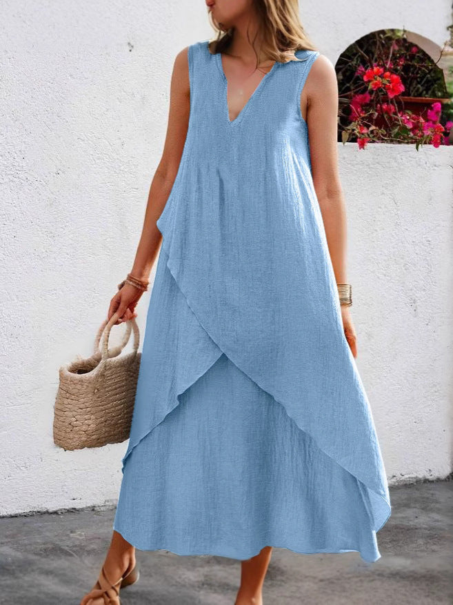 Damen Lässiges Maxikleid mit überlappendem Volant und modernem V-Ausschnitt R&B