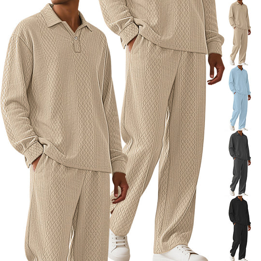 Herren nan Jacquard-Strickset mit Polokragen, legerer Passform und gerader Hose R&B