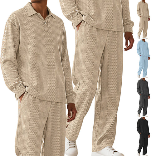 Herren nan Jacquard-Strickset mit Polokragen, legerer Passform und gerader Hose R&B