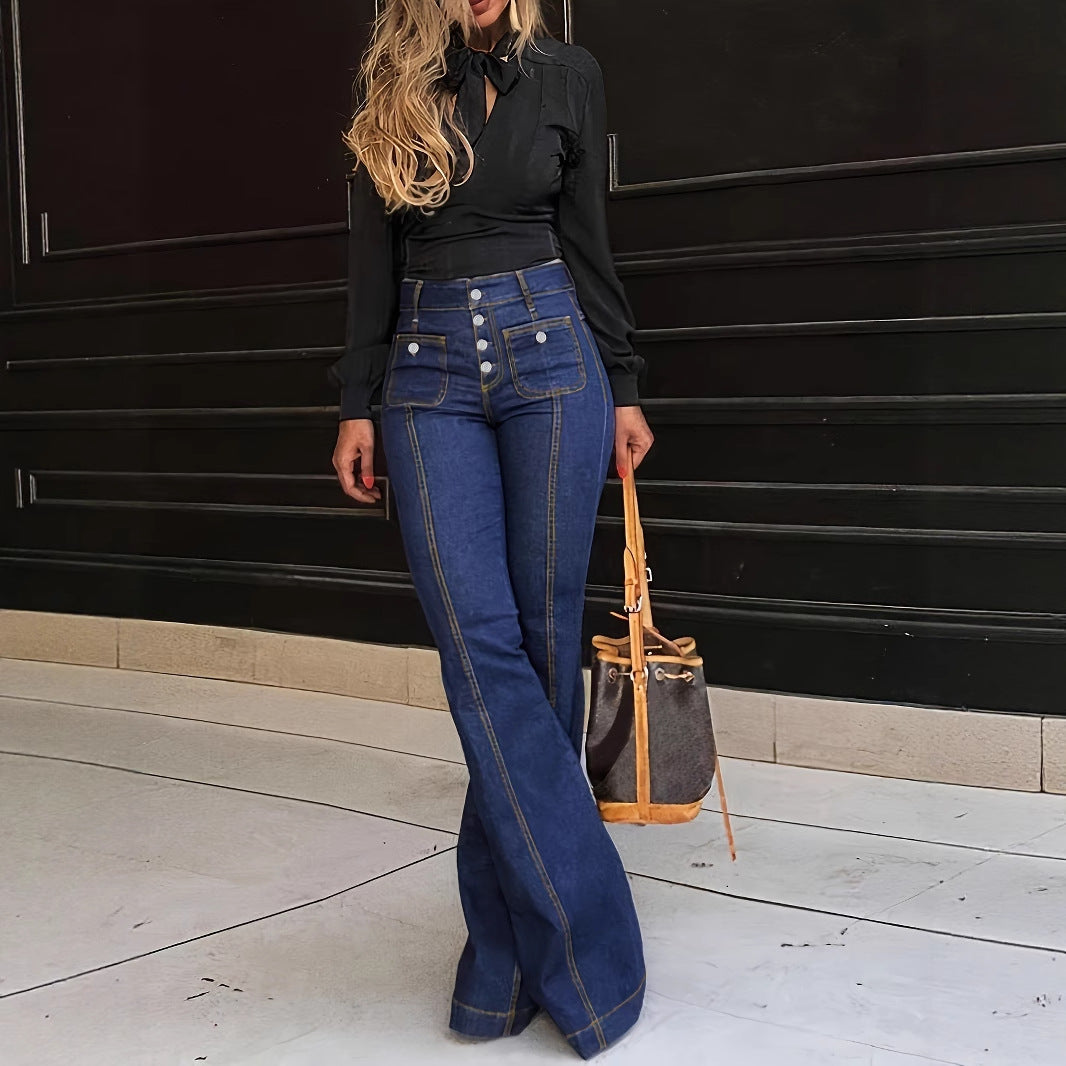 Damen Flared Jeans mit hohen Taillenbund und modischen Knopfdetails R&B