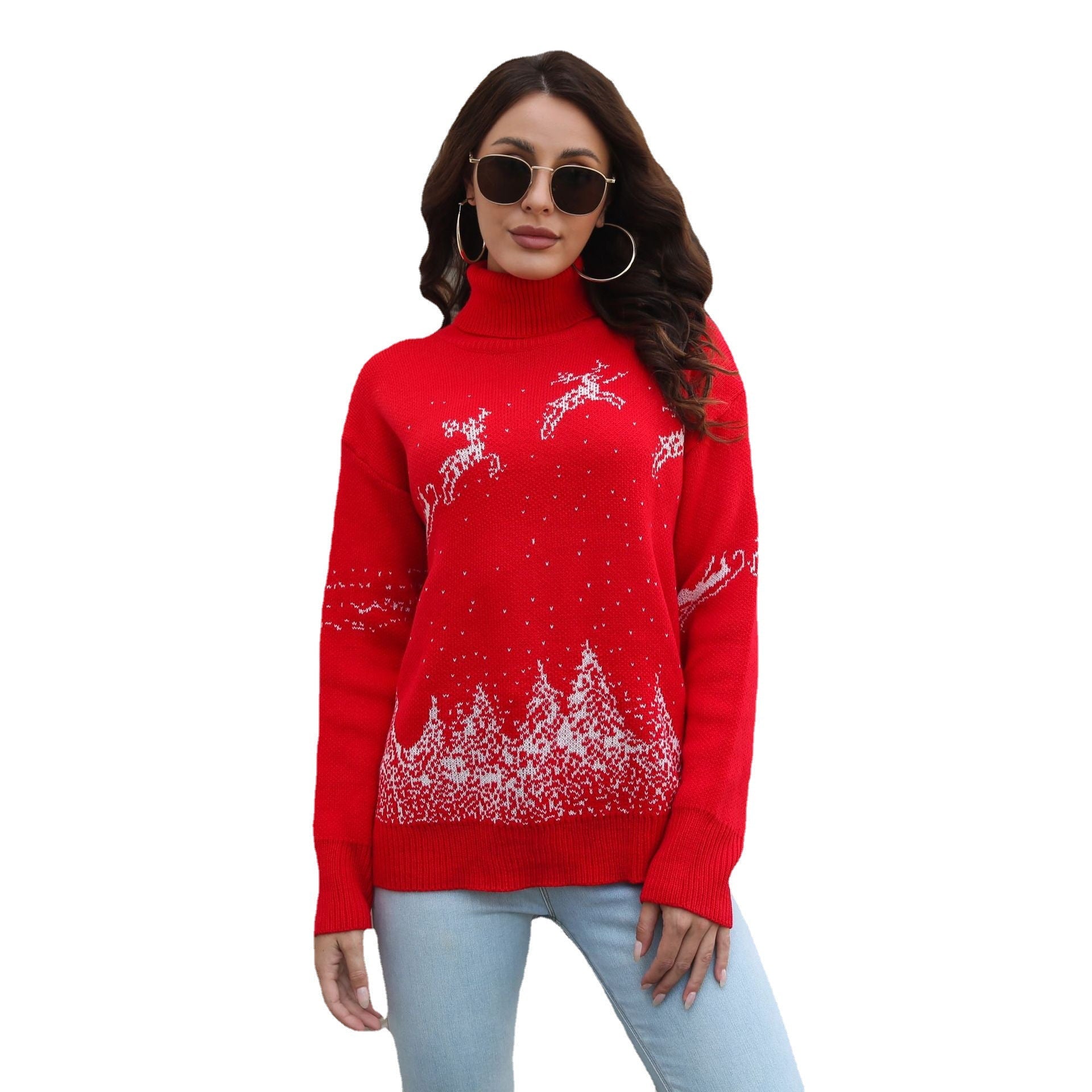 Damen Kuscheliger Weihnachtspullover mit hohem Kragen und festlichem Motiv R&B