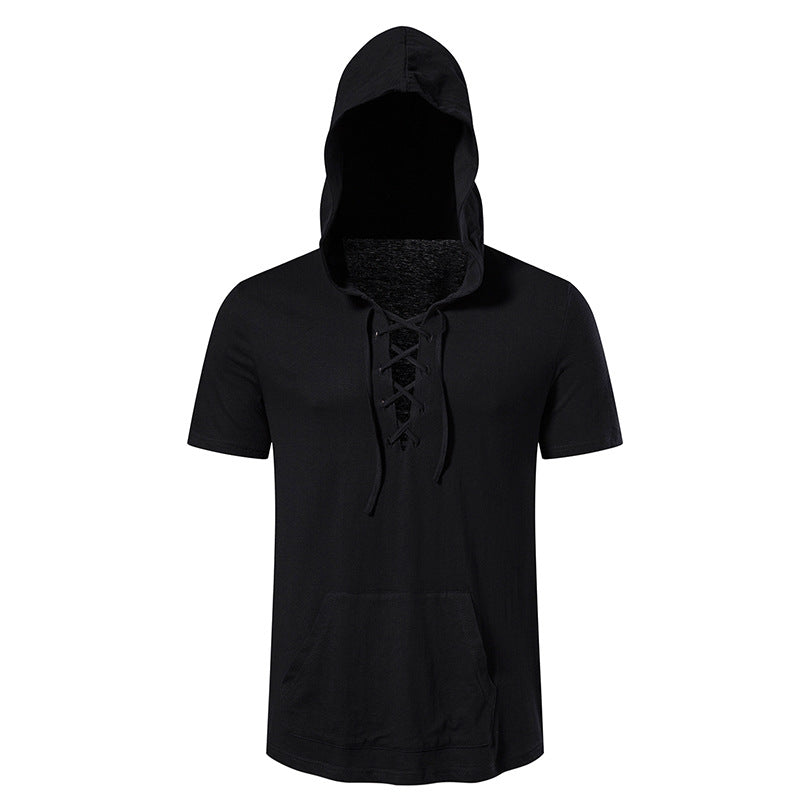 Herren Kurzarm-Hoodie mit lässigem Lacing-Design und praktischer Kängurutasche R&B