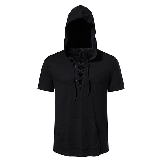 Herren Kurzarm-Hoodie mit lässigem Lacing-Design und praktischer Kängurutasche R&B