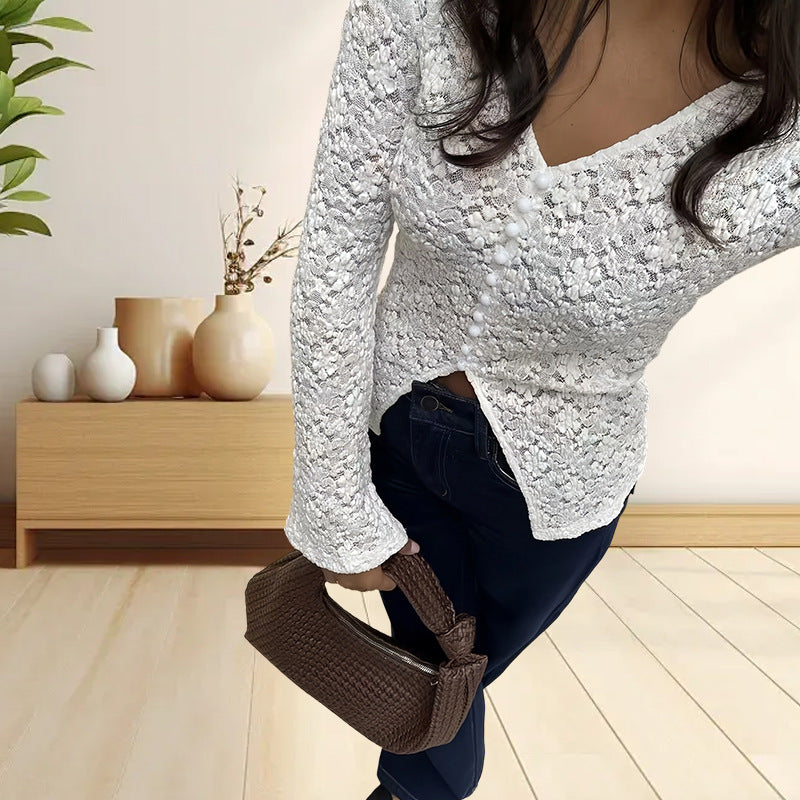 Damen Elegantes Longsleeve-Oberteil mit Lochmuster und Knopfleiste R&B