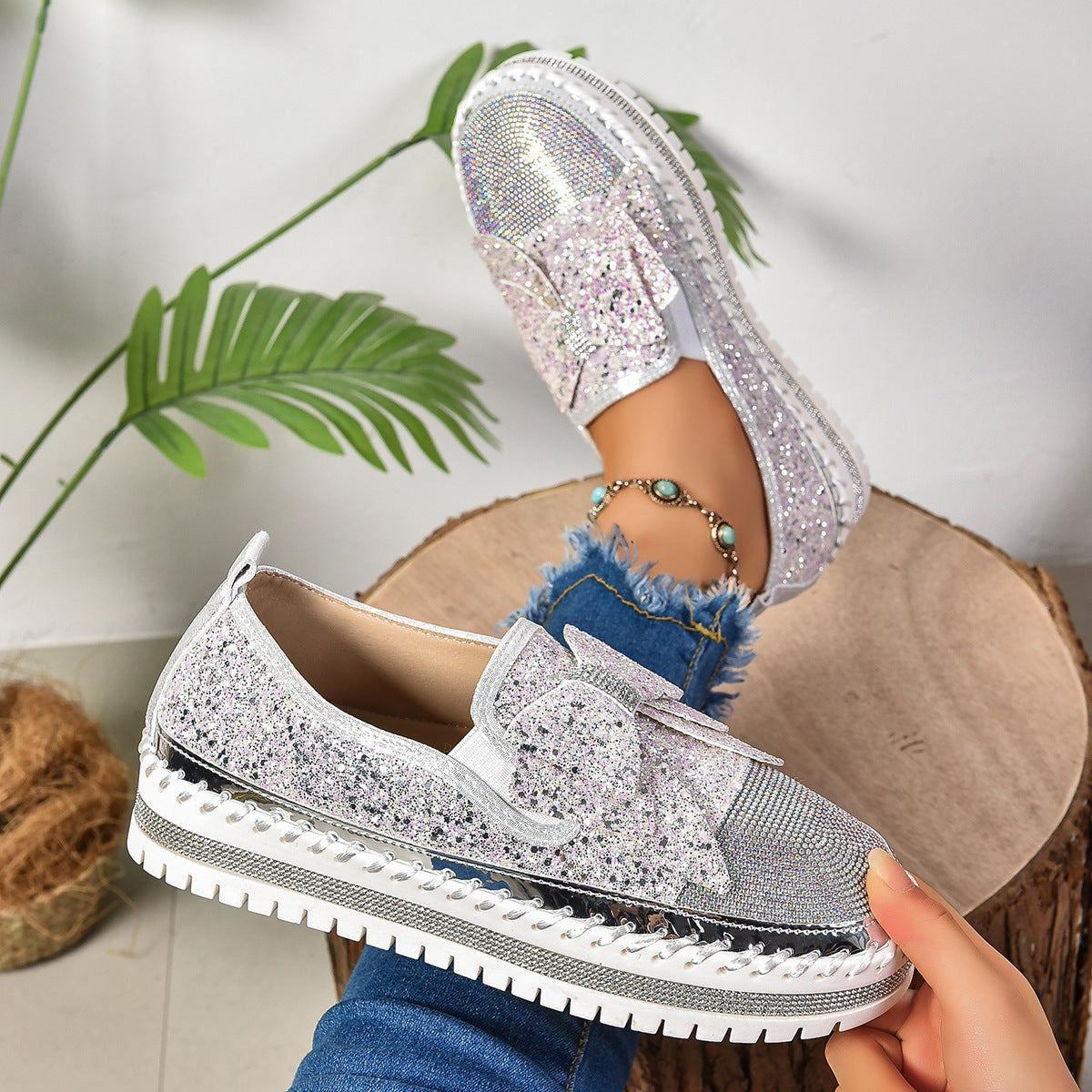 Damen Glitzernde Slip-On Sneakers mit funkelndem Schleifendesign und rutschfester Sohle R&B
