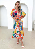 Damen Maxikleid mit buntem floralen Design und lässigen Puffärmeln R&B