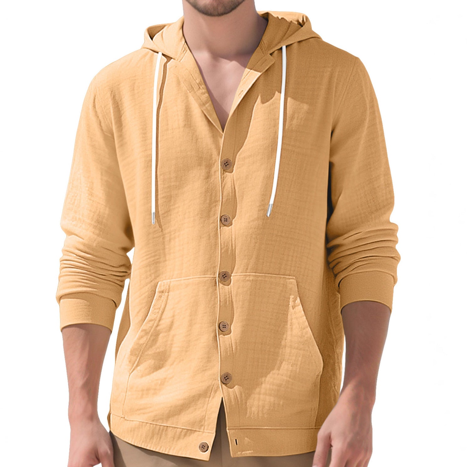 Herren nan leichtes Kapuzen-Übershirt im Crinkle-Look mit Holzknopfleiste und Kängurutasche R&B