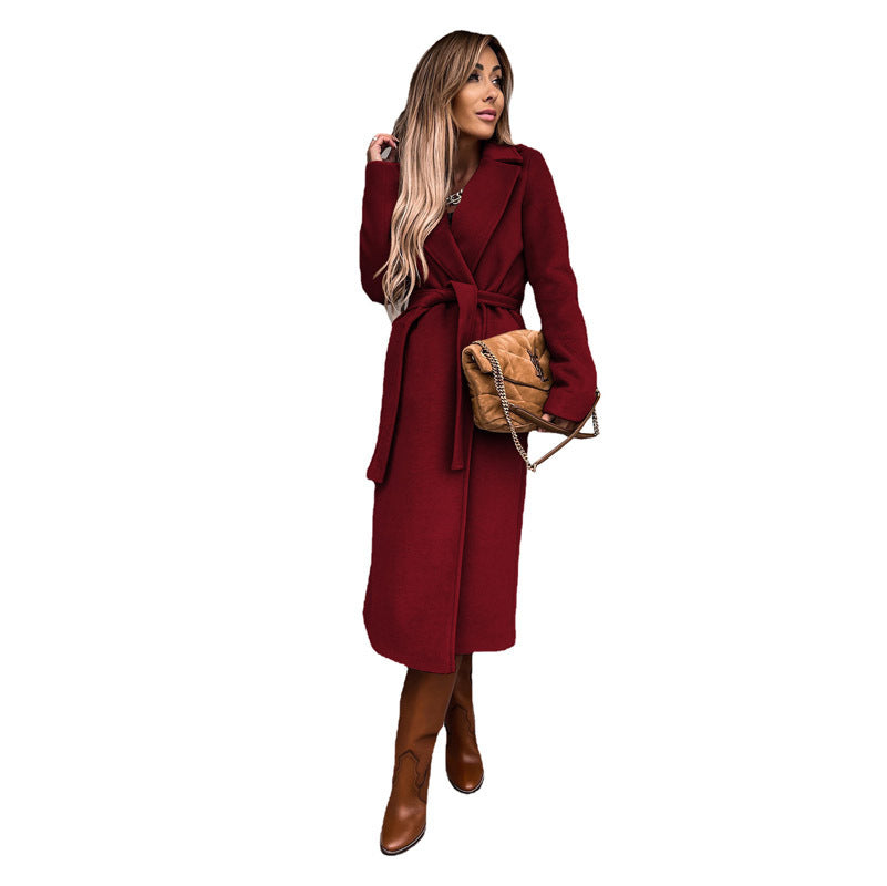 Damen eleganter Wollmantel mit Gürtel und klassischem Revers R&B