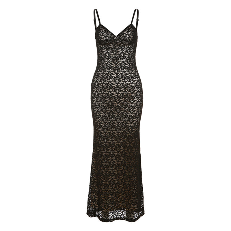 Damen Spitzenkleid mit zarten Spaghettiträgern und fließendem Schnitt R&B