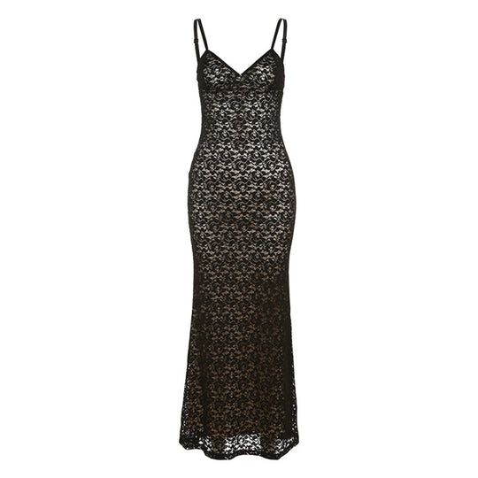 Damen Spitzenkleid mit zarten Spaghettiträgern und fließendem Schnitt R&B
