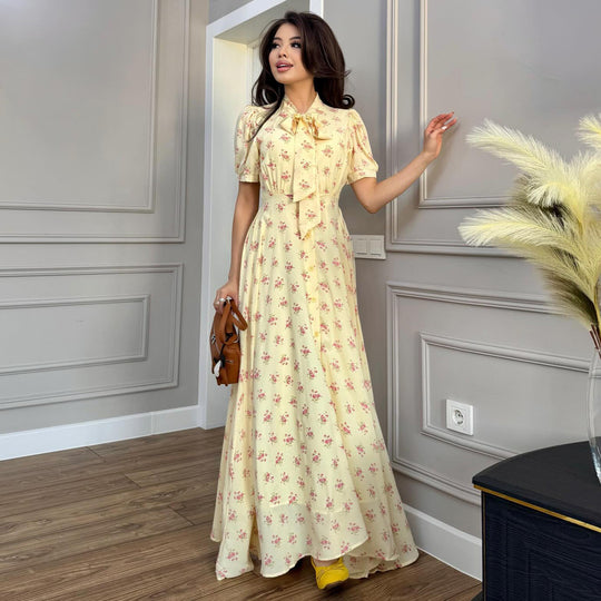 Damen Maxikleid mit eleganter Schleifenbindung und romantischem Blütenmuster R&B