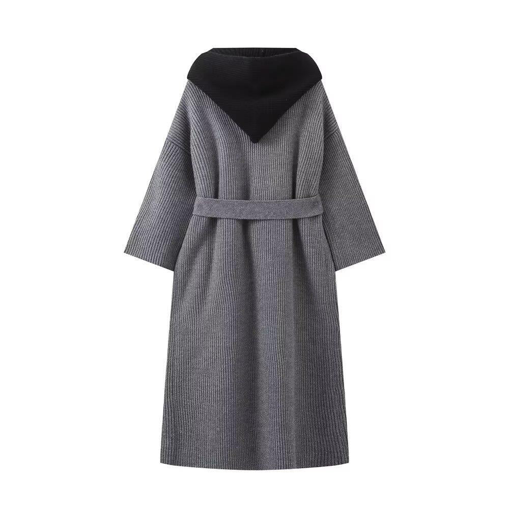 Damen lässiger Longcardigan mit bindbarem Taillengürtel und zweilagigem Kragen R&B