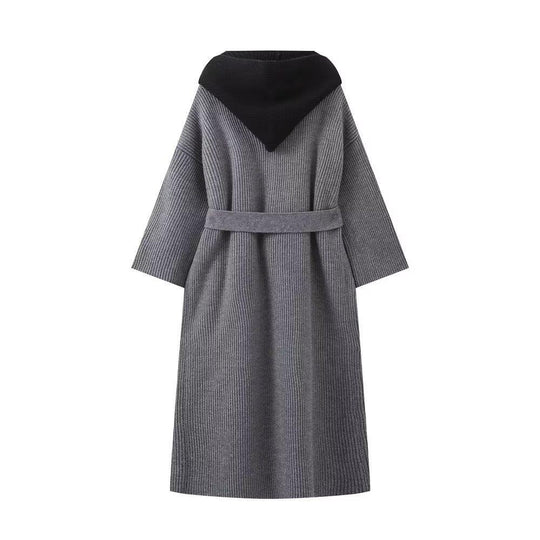 Damen lässiger Longcardigan mit bindbarem Taillengürtel und zweilagigem Kragen R&B
