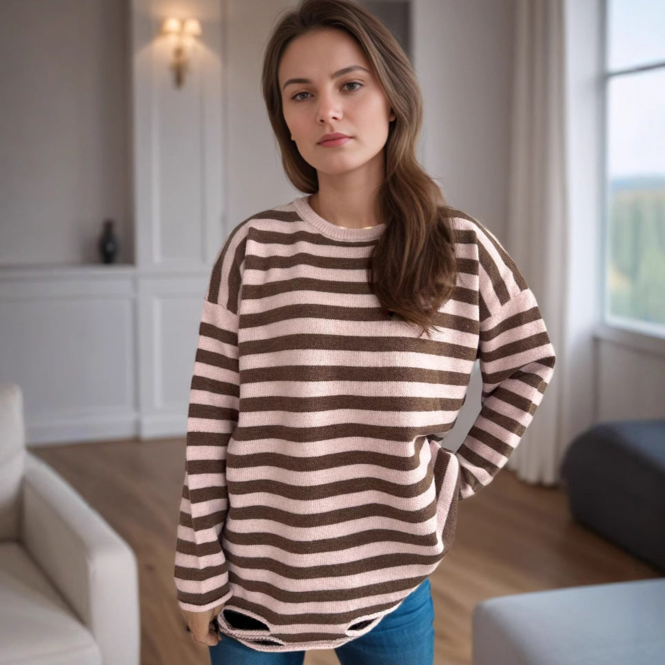 Damen lässiger Oversize-Pullover mit breiten Streifen R&B