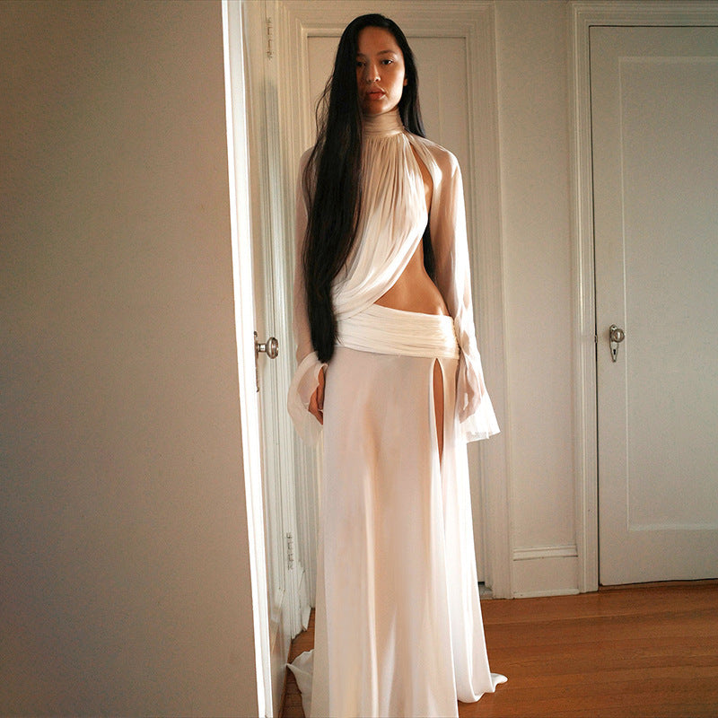 Damen elegantes Maxikleid mit durchscheinenden Ärmeln und seitlichem Schlitz R&B