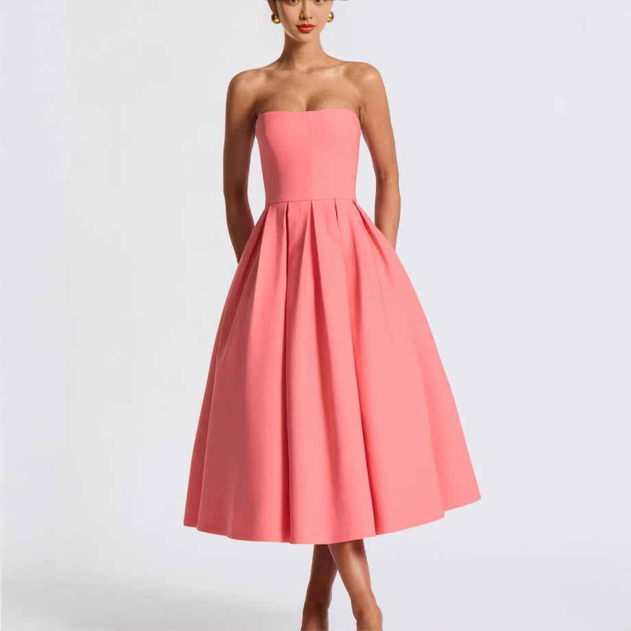 Damen Elegantes Midi-Kleid mit schwingendem Rock und raffiniertem Bandeau-Ausschnitt R&B