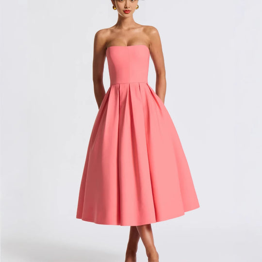 Damen Elegantes Midi-Kleid mit schwingendem Rock und raffiniertem Bandeau-Ausschnitt R&B