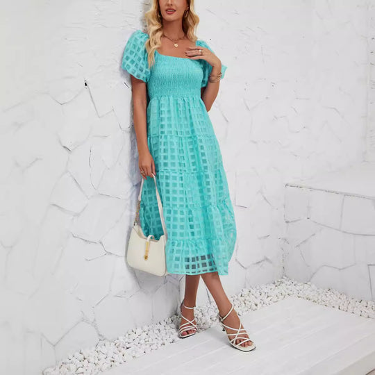 Damen Midi-Kleid mit Puffärmeln und elastischem Taillengürtel R&B