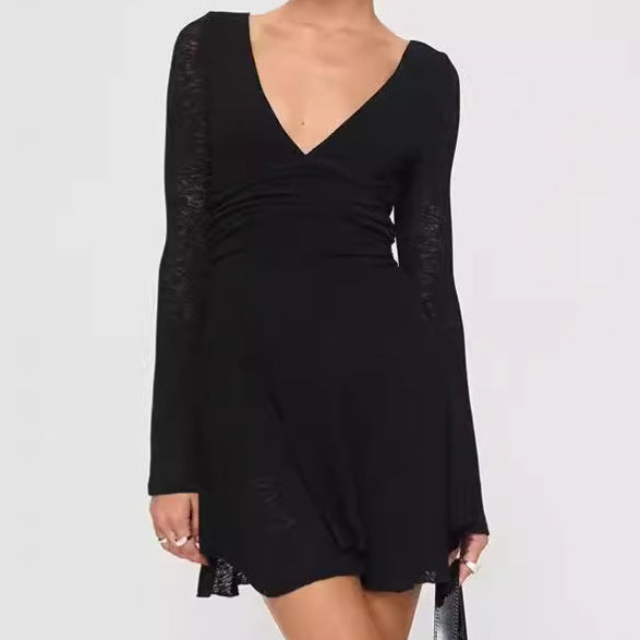 Damen Verspielt geschnittenes Minikleid mit V-Ausschnitt und langen Ärmeln R&B