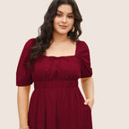 Damen elegantes Midikleid mit modischen Puffärmeln und Taillenschnürung R&B
