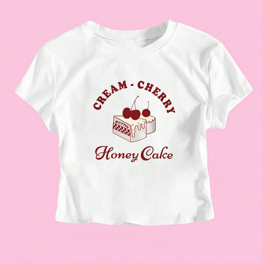 Damen Crop-T-Shirt mit kreativem Dessert-Motiv und modernem Schnitt R&B