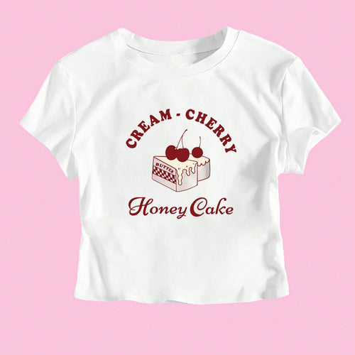 Damen Crop-T-Shirt mit kreativem Dessert-Motiv und modernem Schnitt R&B