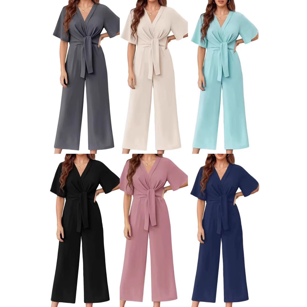Damen eleganter Wickel-Jumpsuit mit weiten Beinen und Taillengürtel R&B