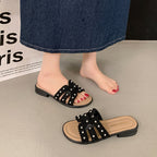 Damen Elegante Slide-Sandalen mit modischen Perlen- und Fransenakzenten EB